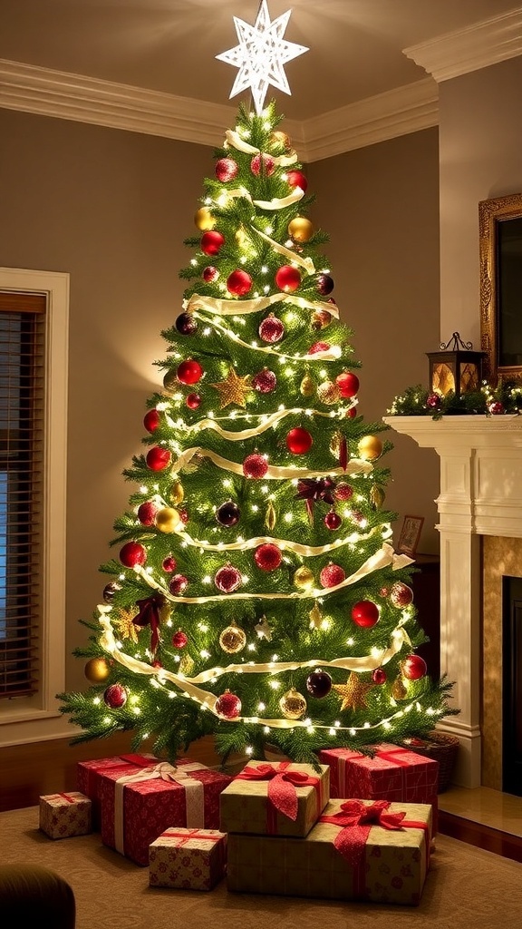 A grand 9-foot Christmas tree decorated with lights and ornaments in a cozy living room.